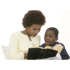 mother and son reading