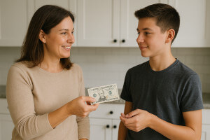 mother giving son allowance